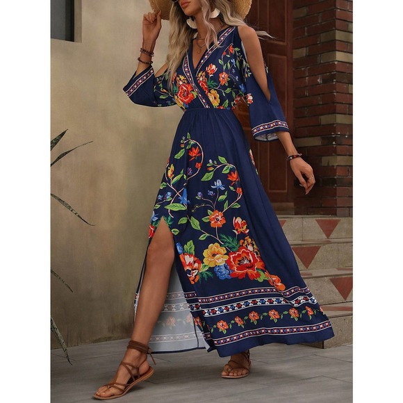 boho Floral Print Cold Shoulder maxi Dress cream - Picture 10 of 12